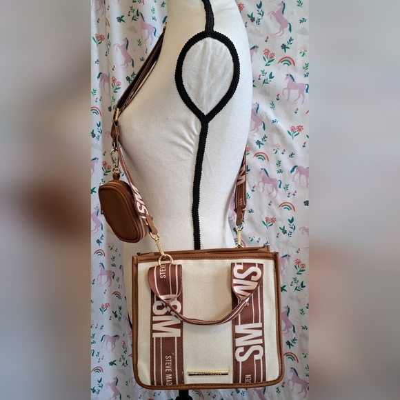 NWOT Steve Madden Bwebber Neutral Canvas Handbag Crossbody Purse Bag & Pouch - Picture 2 of 15